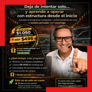 PROMOCION «VOY CON TODO – TRADER PRO»<br>Programa Intensivo Avanzado – 5 Módulos<br>+ Sesión de coaching privada con Guillermo González<br>53% DESCUENTO